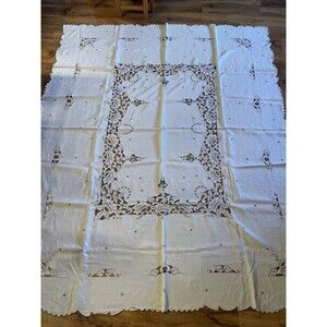 Vtg Madeira Cutwork Hand Embroidery Linen Tablecloth 83”x68” 9 Napkins